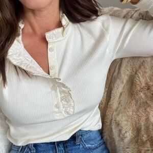 J. Crew Ivory Ribbed Top with Sparkling Ruffle Trim size small